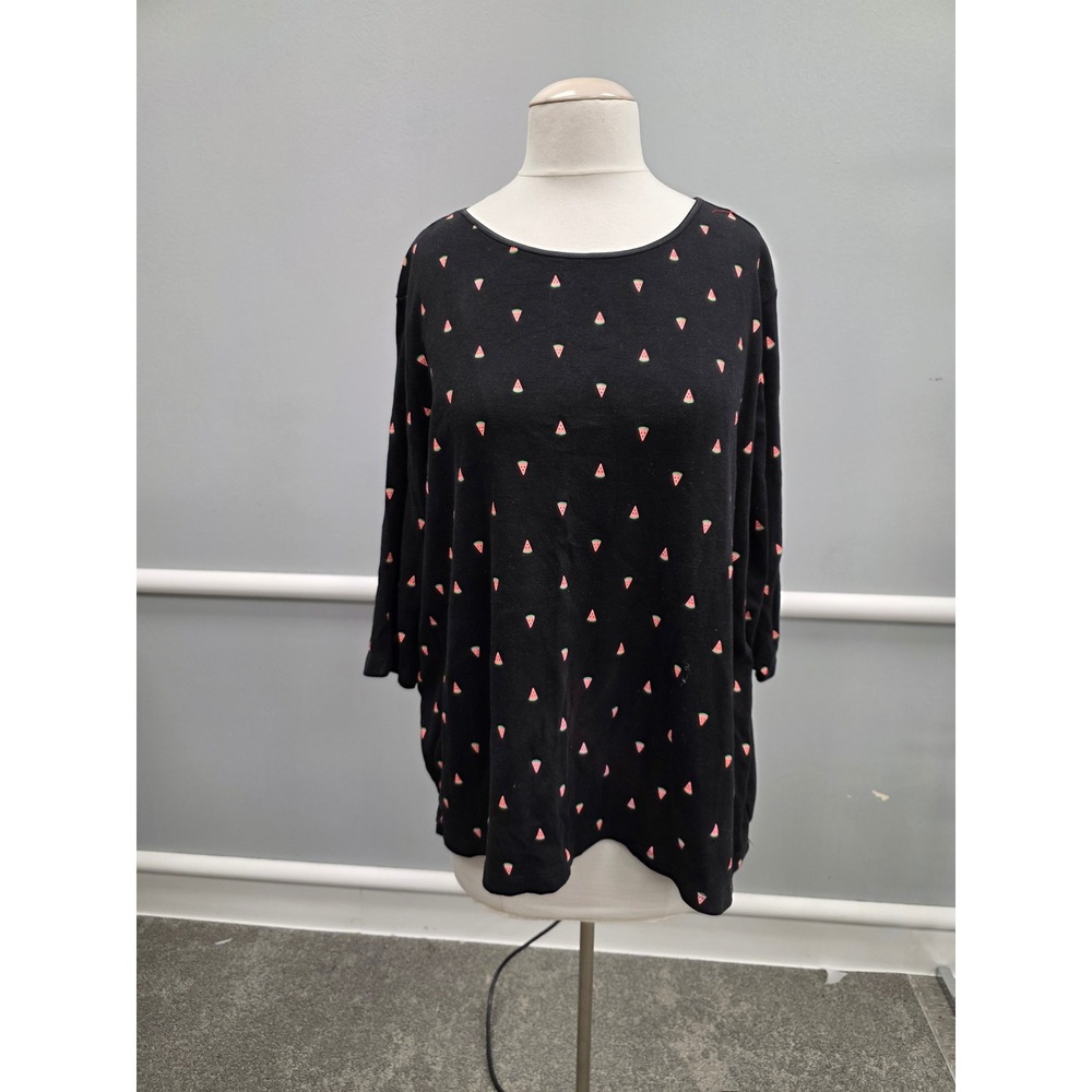 CJ Banks Womens 3X Black Watermelon Cotton 3/4 Sleeve Knit Top
